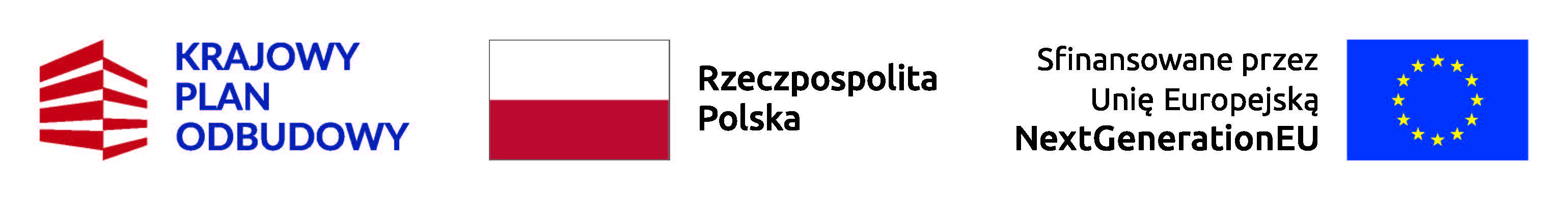 Logotypy Krajowego Planu Odbudowy, barw Rzeczypospolitej Polskiej oraz Unii Europejskiej z podpisem: Sfinansowane przez Unię Europejską – NextGenerationEU.